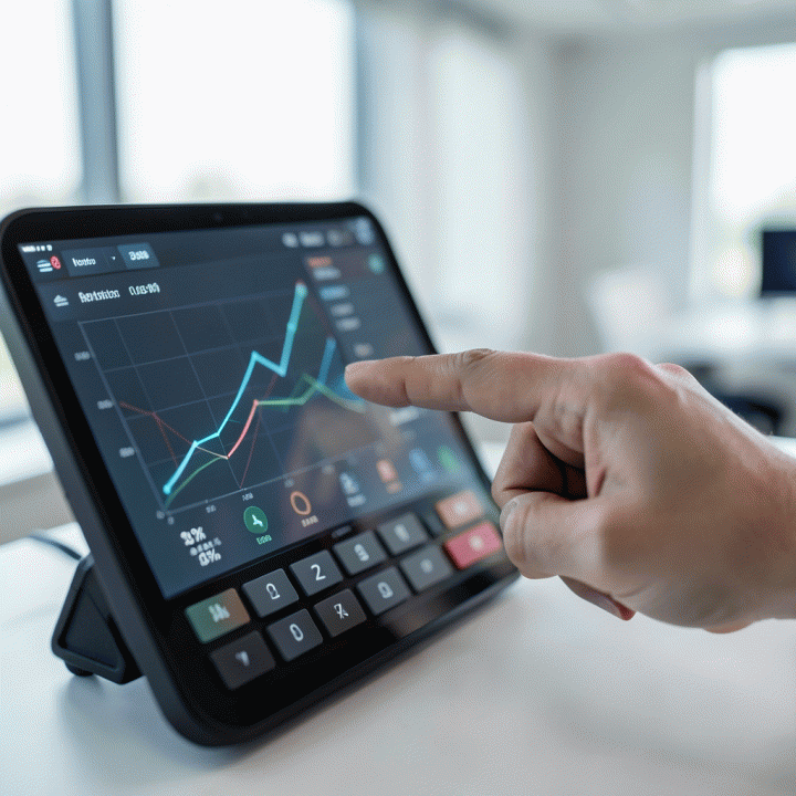 Tangan menganalisis data keuangan di dashboard digital untuk menentukan harga jual optimal.