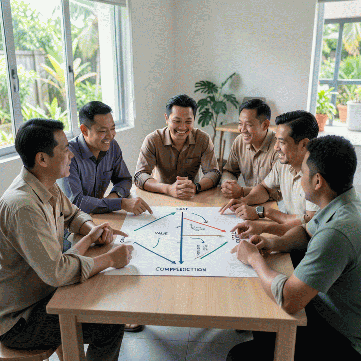 Sejumlah pemilik UMKM Indonesia berdiskusi serius di meja kayu modern, menganalisis dan membandingkan tiga strategi harga (Cost, Value, dan Kompetitif) menggunakan diagram konseptual.