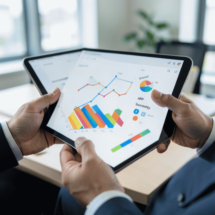 Tangan seorang pemilik bisnis menganalisis data keuangan dan margin keuntungan yang kompleks pada tablet modern.