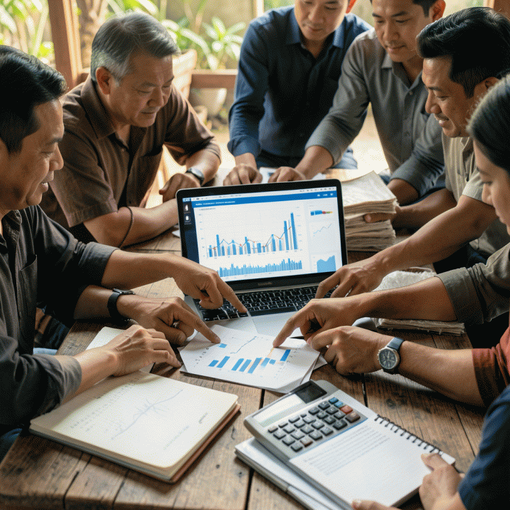Kelompok pemilik UMKM Indonesia berdiskusi strategi bisnis dan keuangan di meja kayu, dengan fokus pada analisis data dan perencanaan harga.