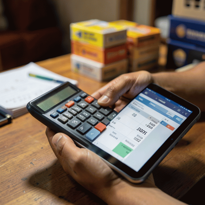 Tangan sedang menghitung dan menganalisis biaya produksi pada alat kalkulator atau tablet, melambangkan perhitungan HPP yang akurat.