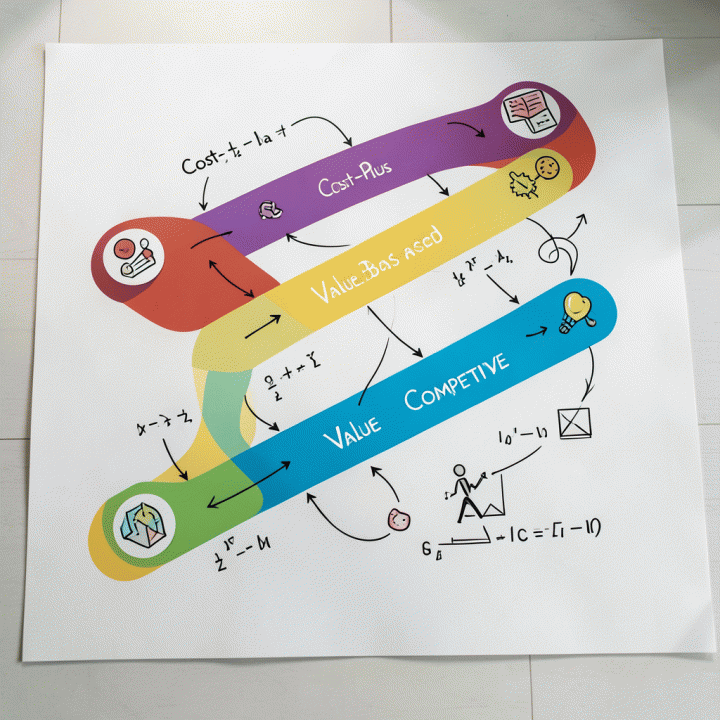 Diagram perbandingan tiga strategi penetapan harga (Cost-Plus, Value-Based, Kompetitif) yang divisualisasikan secara abstrak dan strategis.