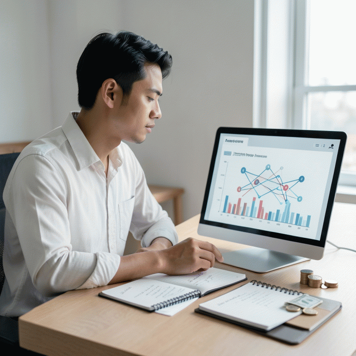 Seorang profesional muda Indonesia duduk di meja kerja yang rapi, melihat ke layar dashboard digital yang menampilkan grafik kemajuan pelunasan utang secara abstrak, menunjukkan perasaan lega dan terarah dalam mengelola keuangan.