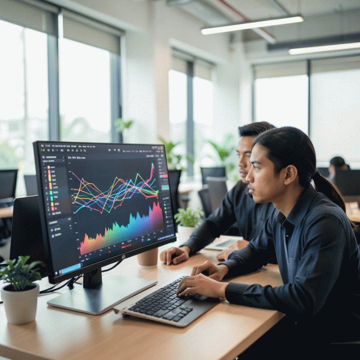 Seorang profesional muda Indonesia sedang menganalisis data bisnis dan tren e-commerce di layar monitor besar di co-working space modern, melambangkan strategi bisnis yang sukses.