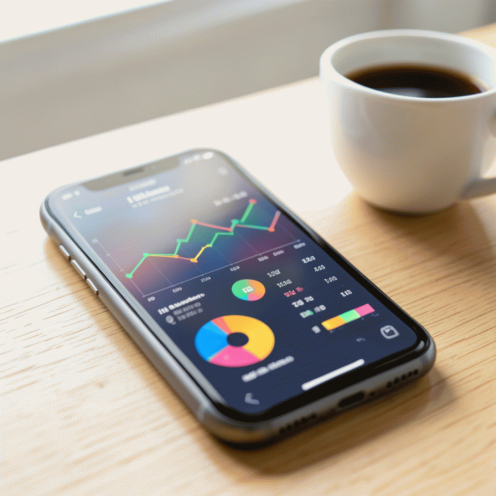 Tampilan smartphone yang menampilkan dashboard analitik e-commerce yang menunjukkan tren kenaikan penjualan dan data komisi.