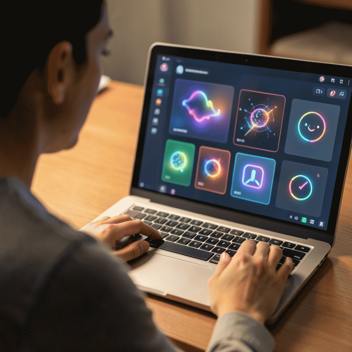 Tangan pengguna mengoperasikan dasbor desain AI abstrak di laptop.
