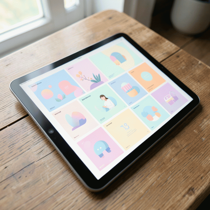 Tablet menampilkan grid template media sosial yang konsisten secara visual.