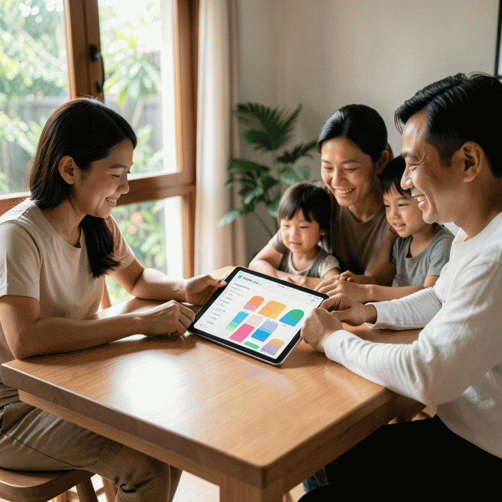 Keluarga Indonesia modern yang sedang berdiskusi santai dan terorganisir di meja makan, menggunakan tablet digital untuk merencanakan anggaran keuangan keluarga yang efisien.