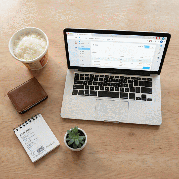 Tampilan flat lay yang rapi dari peralatan rumah tangga sehari-hari dan buku catatan di samping laptop yang menampilkan dashboard anggaran keuangan.