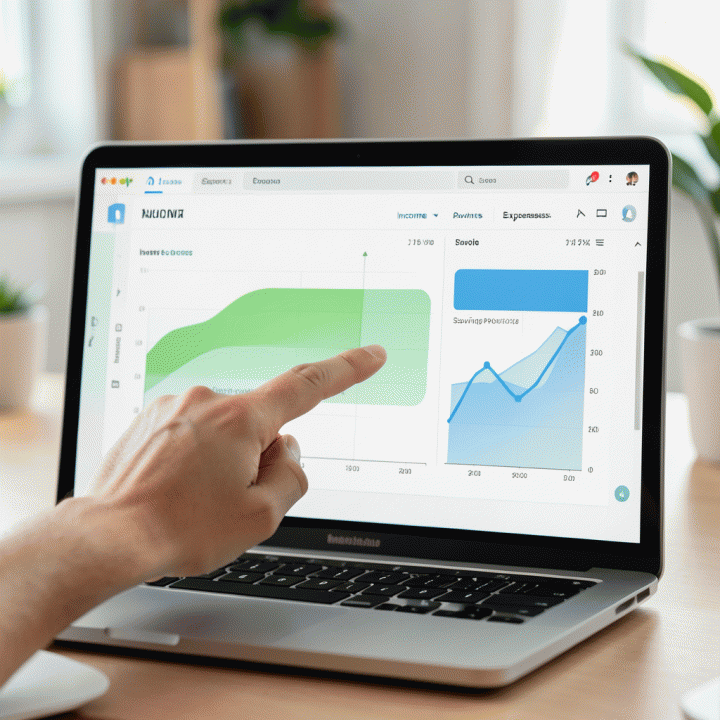 Tangan yang menunjuk pada grafik keuangan yang terstruktur di layar laptop, menunjukkan kemudahan melacak pengeluaran dan pendapatan.