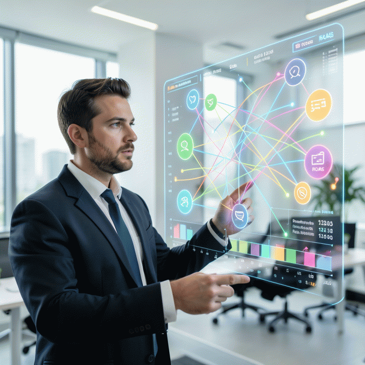 Seorang manajer pemasaran profesional melihat visualisasi data holografik yang kompleks, menunjukkan alokasi anggaran iklan dan metrik ROAS yang saling terhubung, melambangkan strategi rebalancing anggaran.