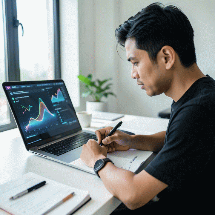 Content creator sedang merencanakan strategi retensi video pendek di meja kerja modern, dikelilingi oleh data visualisasi yang menunjukkan peningkatan perhatian penonton.