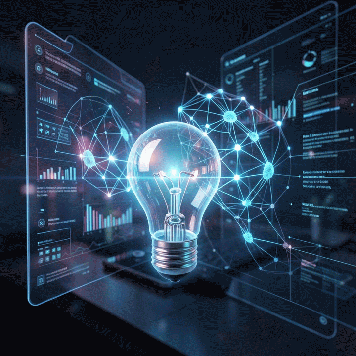 Abstract visualization of an idea connected to an AI neural network for market trend analysis.