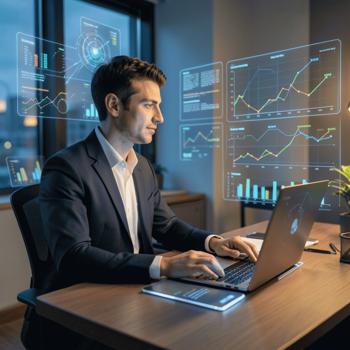 Digital entrepreneur utilizing AI-driven holographic market research data to build a digital business plan.