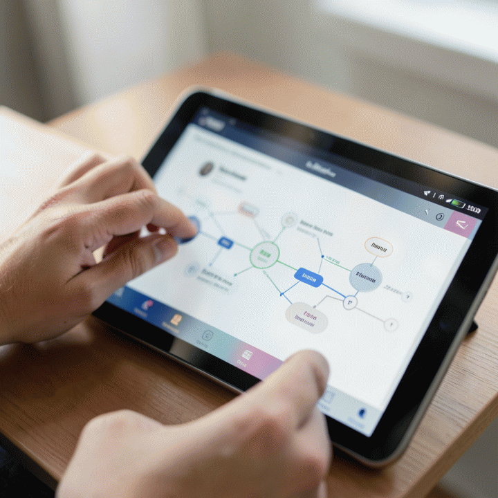 Tangan yang mengatur node pohon keluarga digital pada antarmuka tablet yang bersih.