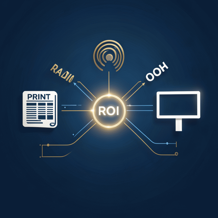 Diagram konseptual yang menunjukkan keseimbangan dan interkoneksi antara iklan cetak, radio, dan OOH untuk memaksimalkan ROI.