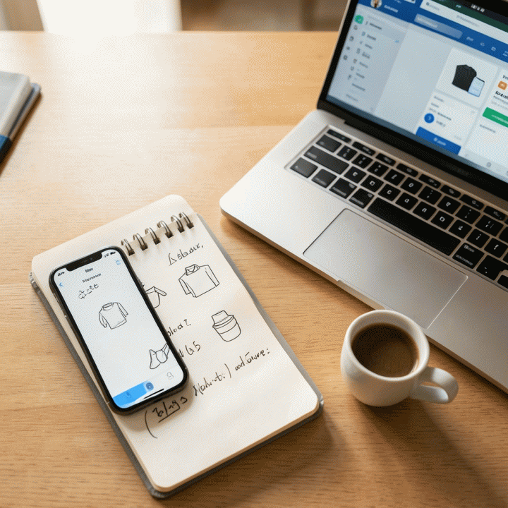 Komposisi flat lay yang menampilkan alat-alat esensial untuk memulai bisnis online, termasuk smartphone, laptop, dan buku catatan.