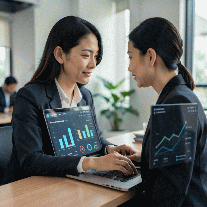 Seorang profesional wanita sedang menganalisis data penjualan di laptop, menunjukkan strategi bisnis yang matang.