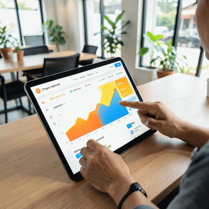 Tangan profesional berinteraksi dengan tablet yang menampilkan dashboard analisis penjualan e-commerce yang modern dan menunjukkan pertumbuhan bisnis yang positif.