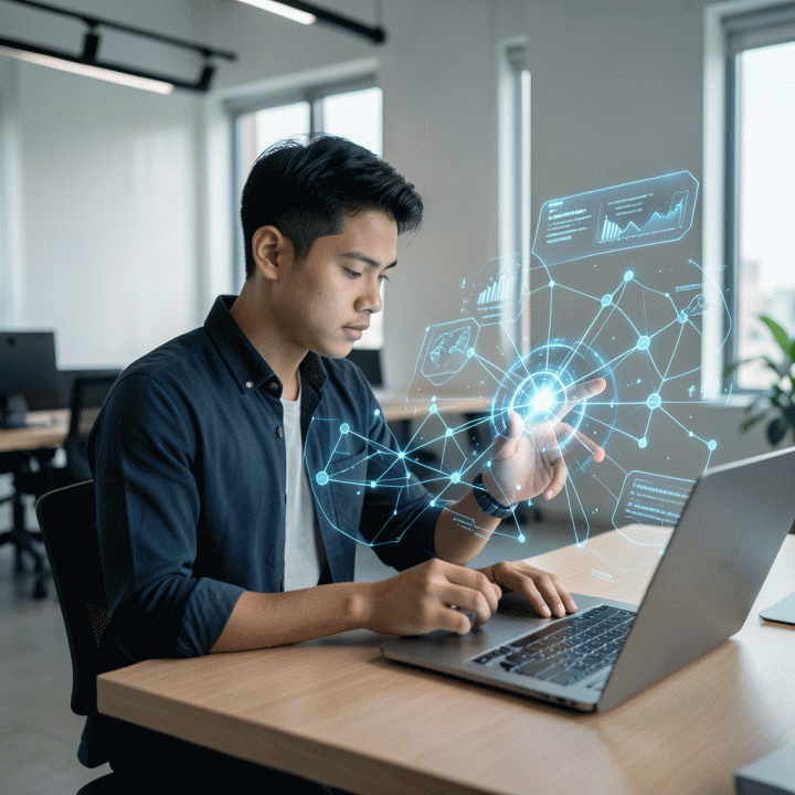 Seorang solo founder Indonesia yang fokus bekerja dengan antarmuka AI holografik yang menampilkan data bisnis dan potensi pertumbuhan di co-working space modern.