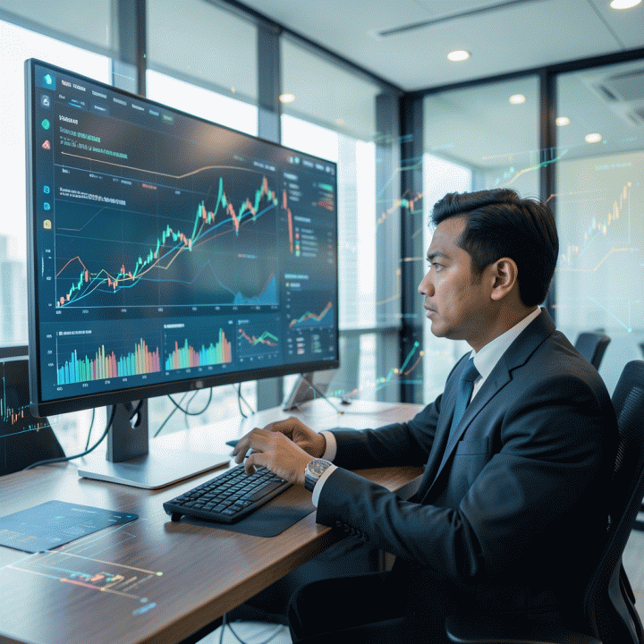 Seorang pengusaha Indonesia yang profesional sedang menganalisis data analitik bisnis e-commerce yang kompleks dan berwarna di ruang kerja modern, melambangkan strategi optimasi penjualan online.