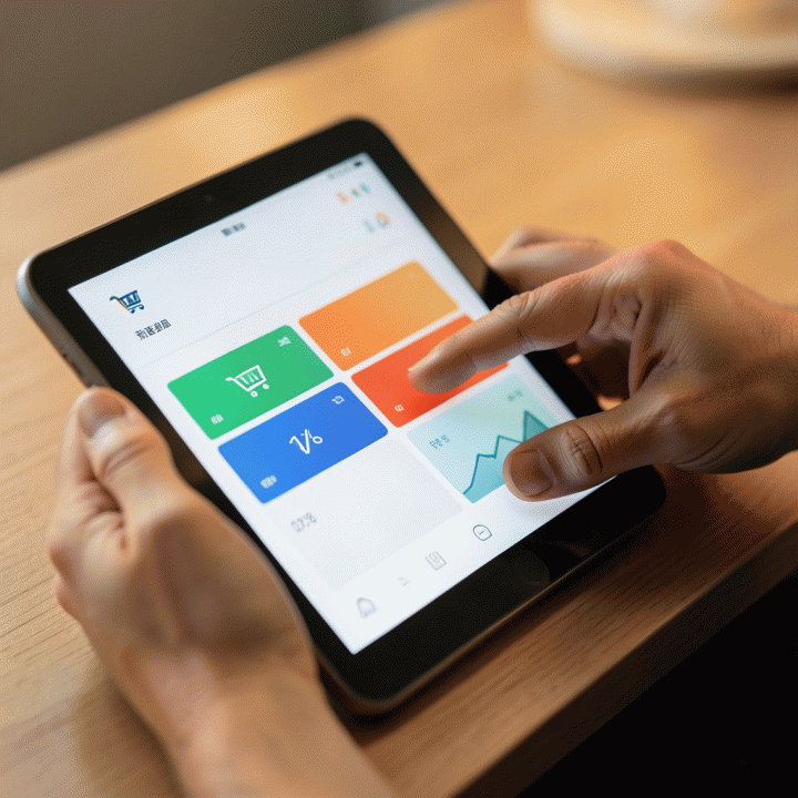 Tangan sedang menggunakan tablet yang menampilkan dashboard analitik bisnis e-commerce yang abstrak dan berwarna, menyoroti kemudahan optimasi data.