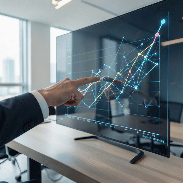 Tangan menunjuk grafik visualisasi data pertumbuhan penjualan e-commerce yang abstrak dan detail, menunjukkan peningkatan performa bisnis.