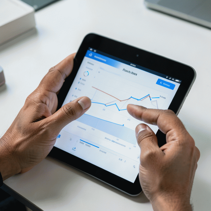 Tangan profesional sedang menganalisis data tren penjualan di tablet, menunjukkan proses penemuan produk affiliate komisi tinggi.