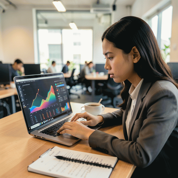 Seorang profesional muda Indonesia sedang bekerja di co-working space, fokus pada laptop yang menampilkan data visualisasi analitik yang menunjukkan pertumbuhan bisnis yang tinggi, melambangkan strategi affiliate marketing yang sukses.