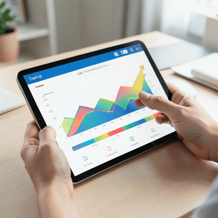 Tangan berinteraksi dengan tablet yang menampilkan dashboard analitik data bisnis yang bersih dan intuitif, menunjukkan peningkatan profitabilitas.