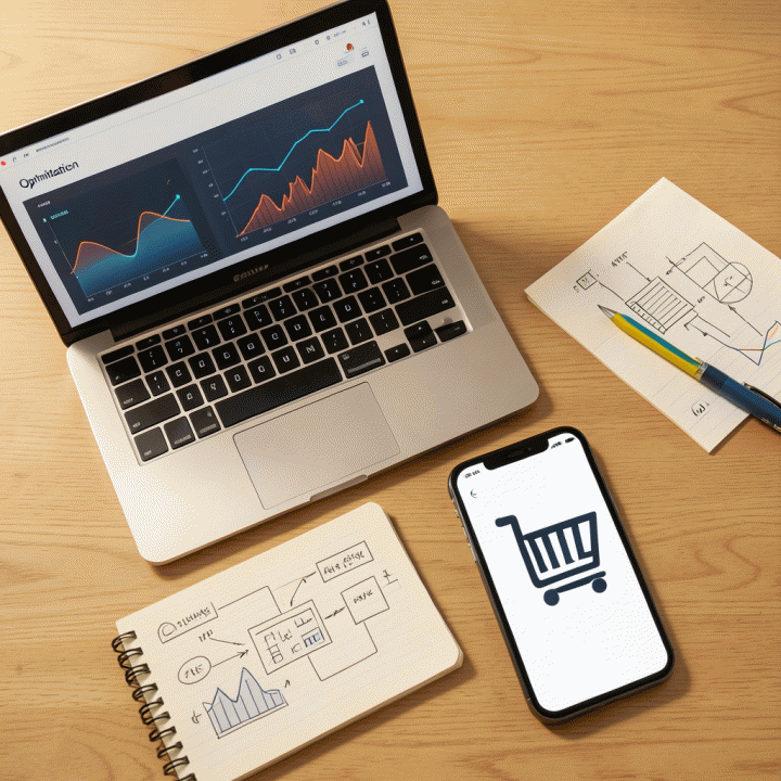 Komposisi flat lay peralatan kerja e-commerce yang menunjukkan optimasi dan efisiensi bisnis, termasuk laptop dengan data visualisasi.