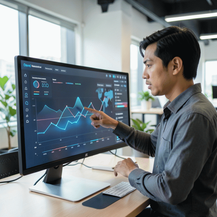Seorang pemasar digital profesional Indonesia sedang menganalisis data analitik e-commerce yang kompleks dan futuristik pada layar monitor besar, menunjukkan strategi penemuan produk afiliasi komisi tinggi.