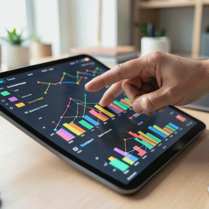 Tangan menunjuk pada dashboard analitik data e-commerce yang menunjukkan tren dan potensi komisi tinggi.