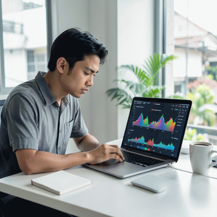 Seorang penjual e-commerce profesional di Indonesia sedang menganalisis data bisnis yang kompleks di laptop untuk menemukan produk affiliate tren tinggi.