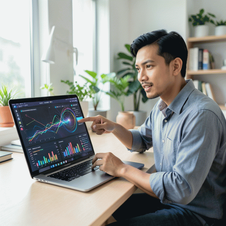 Seorang profesional muda Indonesia yang menganalisis data e-commerce kompleks pada laptop di kantor modern, menunjukkan strategi bisnis yang canggih.