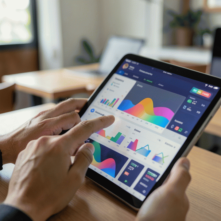 Tangan menunjuk ke dashboard analitik e-commerce di tablet, melambangkan penemuan data produk dengan komisi tinggi.