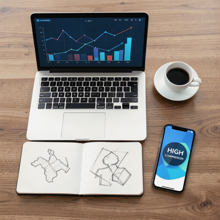 Susunan alat kerja (laptop, smartphone, catatan) yang menunjukkan perencanaan strategi bisnis dan maksimalisasi keuntungan affiliate e-commerce.