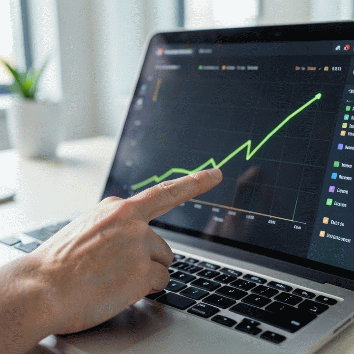 Tangan menunjuk ke grafik tren produk berkomisi tinggi di layar laptop, menunjukkan peluang bisnis yang menjanjikan.