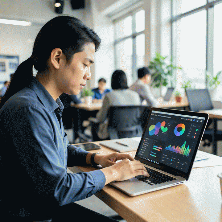 Seorang profesional muda Indonesia menggunakan laptop di co-working space, menampilkan visualisasi data analitik bisnis yang kompleks dan menarik, melambangkan strategi pemasaran digital yang sukses.