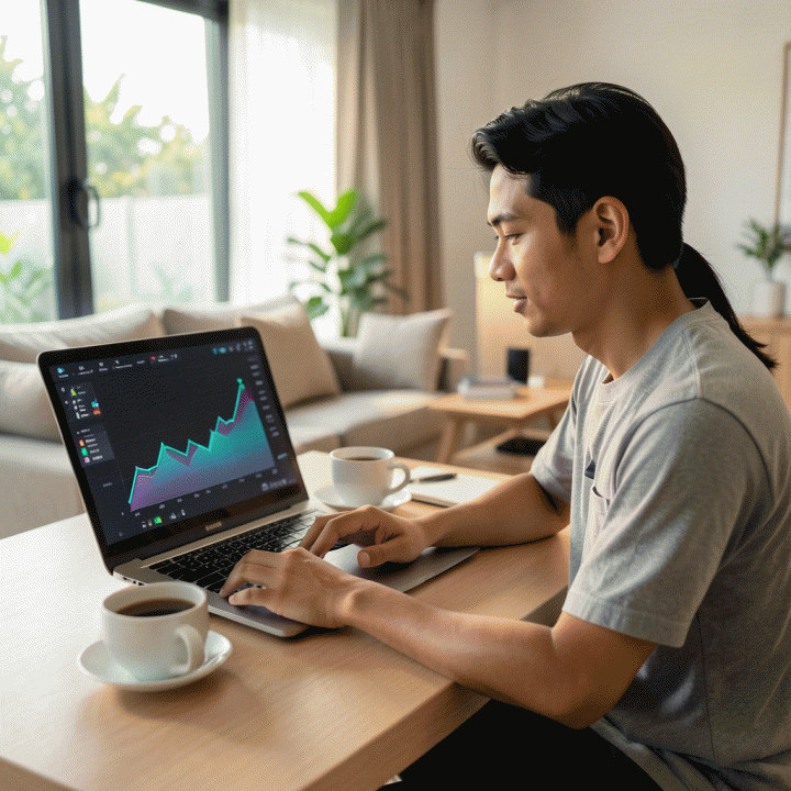 Seorang profesional muda Indonesia yang sukses dan fokus menganalisis data bisnis di laptopnya di rumah, melambangkan keberhasilan affiliate marketing.