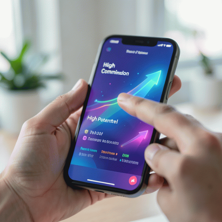 Tangan yang menunjuk ke dashboard e-commerce di smartphone, menyoroti data produk dengan komisi tinggi.