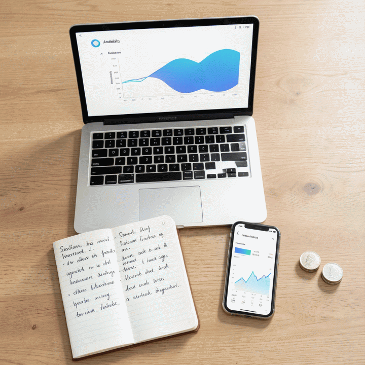 Komposisi flat lay alat kerja affiliate marketing: laptop dengan data, buku catatan strategi, dan smartphone.