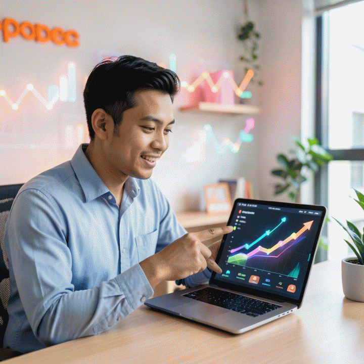 Seorang pengusaha muda Indonesia yang percaya diri menganalisis data tren pasar e-commerce di tablet, menunjukkan potensi komisi tinggi.