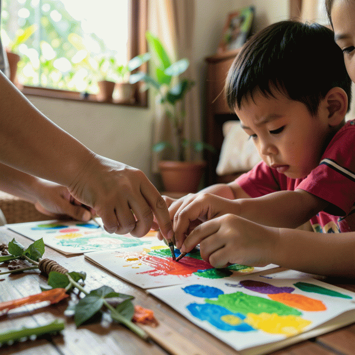 Tangan orang tua dan anak berinteraksi saat membuat kerajinan tangan, menunjukkan kolaborasi dalam belajar.