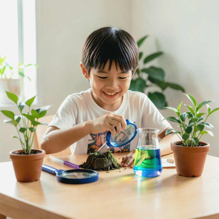 Seorang anak Indonesia yang antusias melakukan eksperimen sains sederhana di rumah.