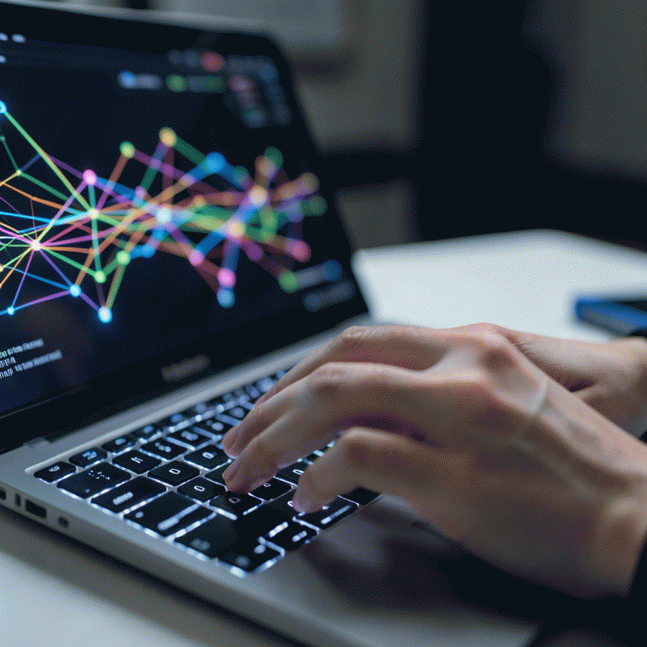 Tangan yang mengetik di laptop futuristik yang menampilkan visualisasi data dan ide konten abstrak, melambangkan proses scripting dan perencanaan AI.