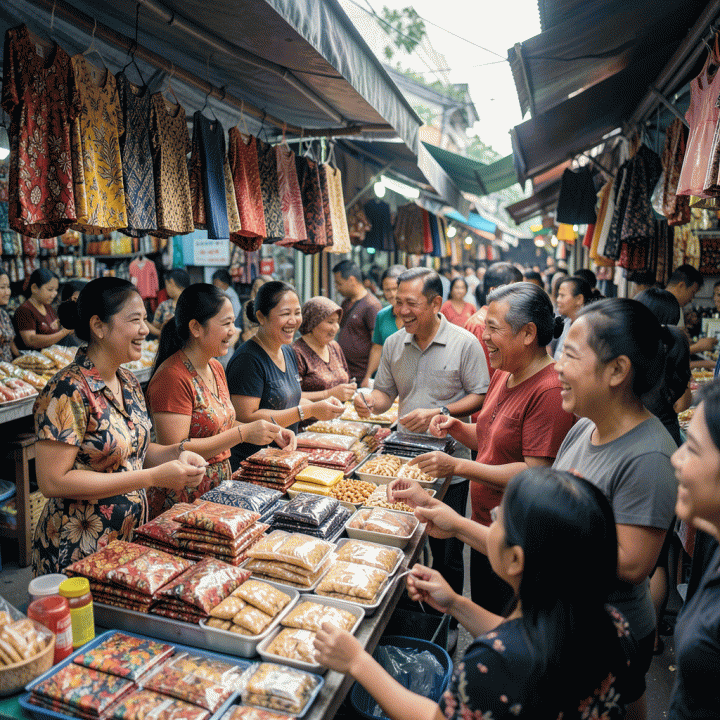 Suasana pasar lokal yang ramai dan meriah di Jakarta, menampilkan para penjual UMKM yang berinteraksi dengan pelanggan, menjual produk-produk kerajinan tangan Indonesia yang berwarna-warni.