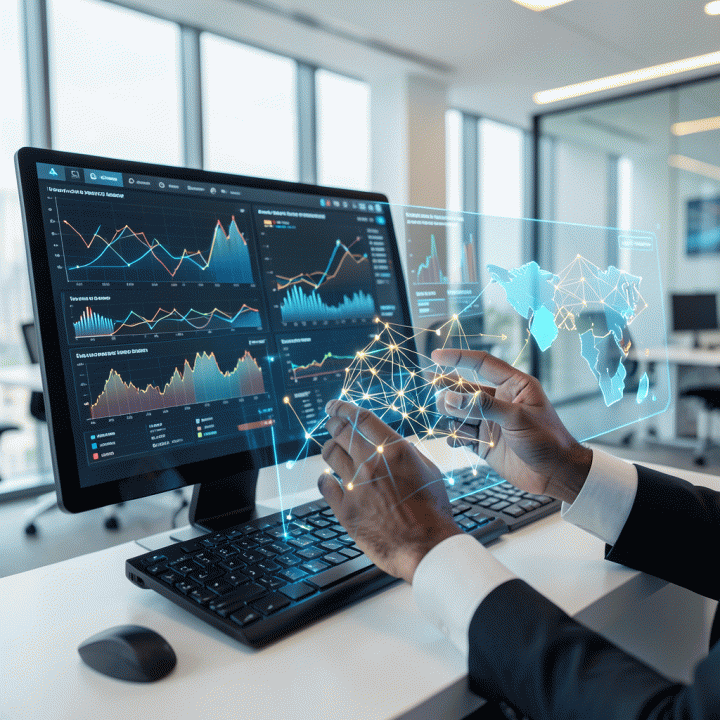 Visualisasi dashboard AI futuristik yang menunjukkan analisis data pasar dan potensi lead generation, dengan fokus pada penemuan peluang bisnis baru.