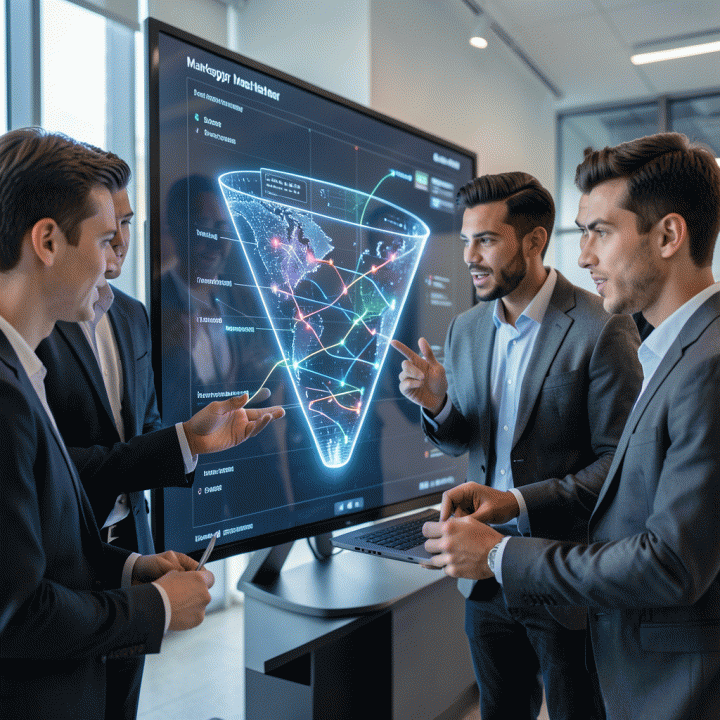 Tim profesional berkolaborasi di depan dashboard AI yang menunjukkan peningkatan dan optimalisasi pipeline penjualan yang efisien.
