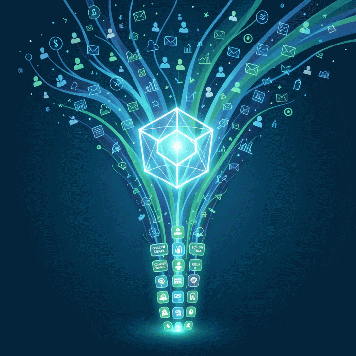 Visualisasi konseptual sebuah corong (funnel) di mana data leads yang kacau diproses melalui AI menjadi aliran prospek berkualitas tinggi dan terfokus.